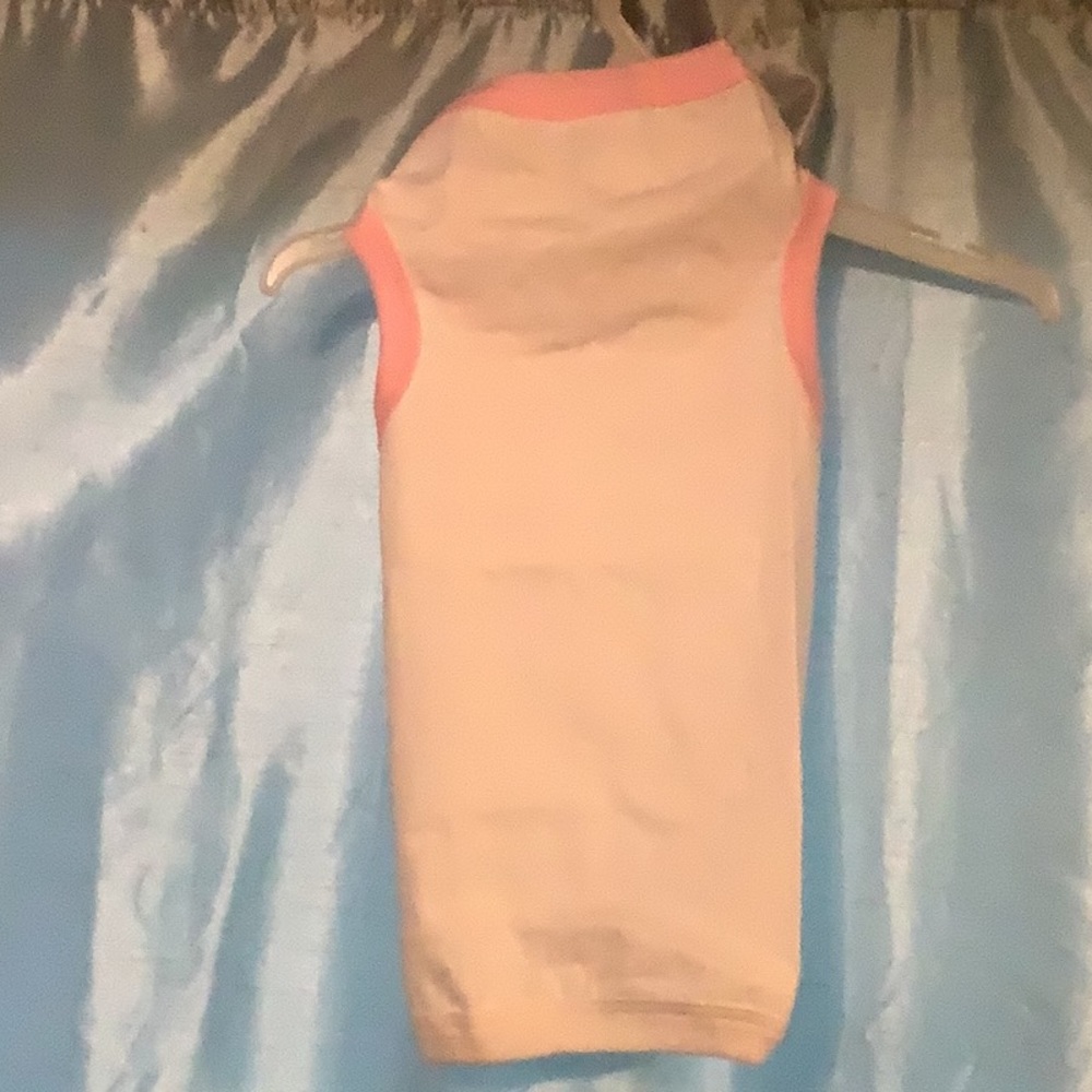White  Dog Tee with pink ribbing, NWT, 100% cotton. MADE IN USA